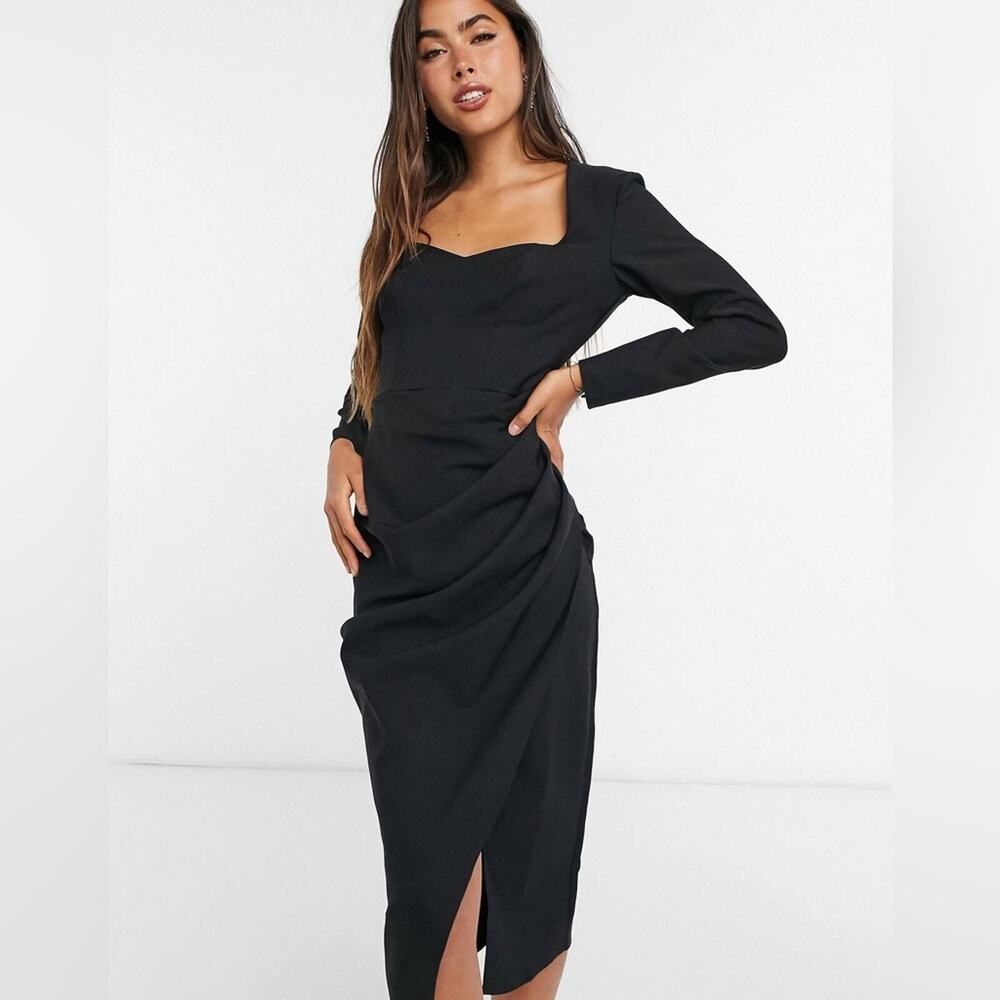 ASOS DESIGN Black Sweetheart Neck Midi Dress with Ruched Bottom Size 0